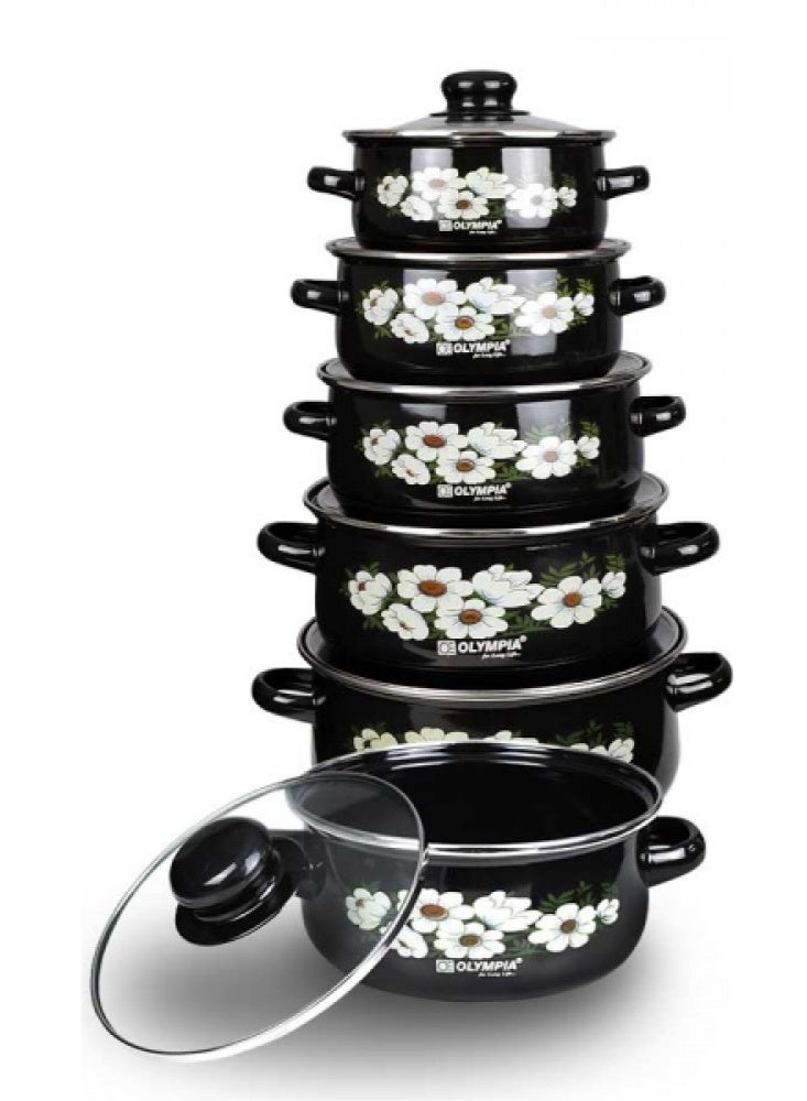 Olympia 10 Pieces Casserole Set Enamel Cooking Pots with Glass Lids, Floral Design, Durable Non-Stick Finish, Heat Resistant Handles, Multiple Sizes for Everyday Home Cooking - Image 3